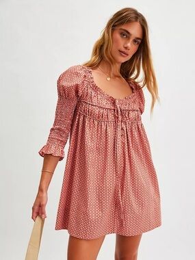 Free People NWT Smocked Peasant Mini Dress in Pink & Coral Geo Print, pockets